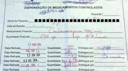 Foto de um documento para controle da retirada de medicamentos, postada por um paciente na rede social Facebook