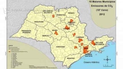 Gráfico com as 15 cidades maiores emissoras de gás carbônico no Estado de São Paulo