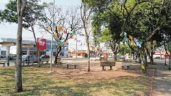 Bandeirinhas ainda decoram a praça após festa de um ano dos shows que acontecem aos domingos